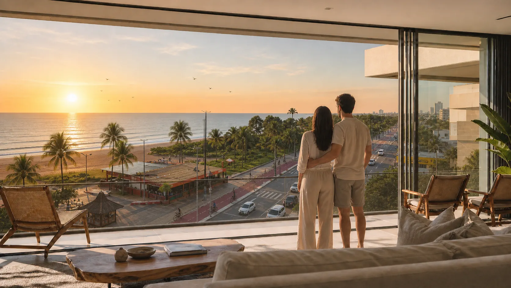 Casal observando a praia da varanda de um apartamento